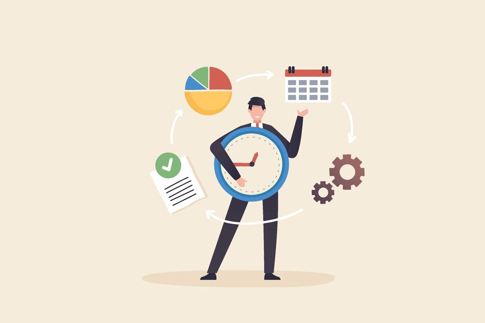 Snowflake利用時の注意点として、コスト管理や安定したネットワーク環境の重要性を示すビジネスマンと大きな時計